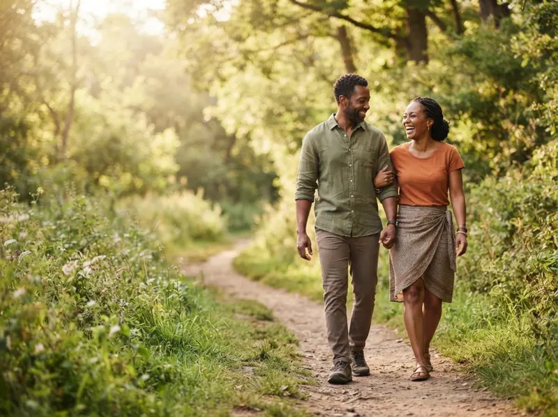A couple walking together on a green trail